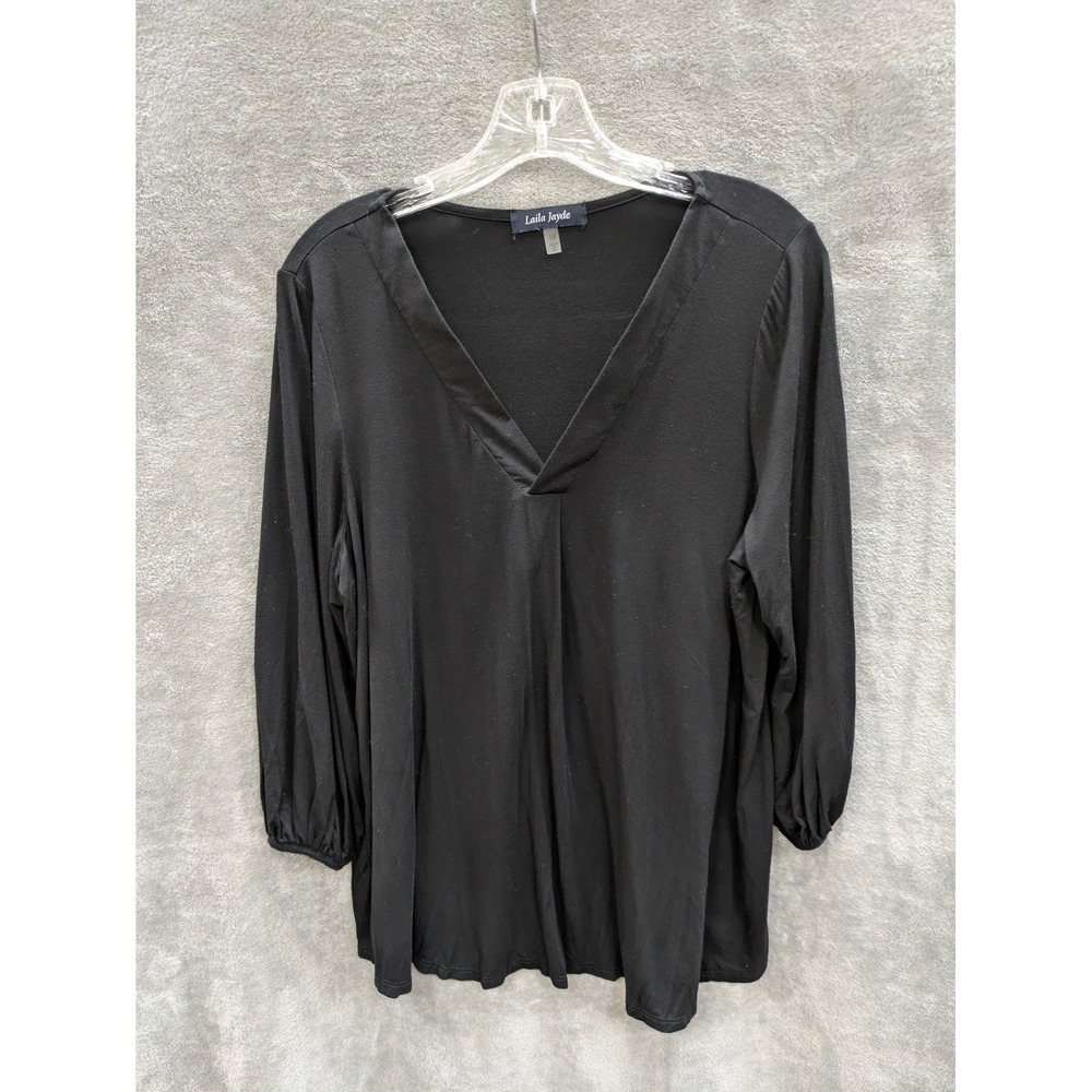 Black Blouse Top Womens 1X VNeck‎ Minimalist Casual Relaxed Made in USA